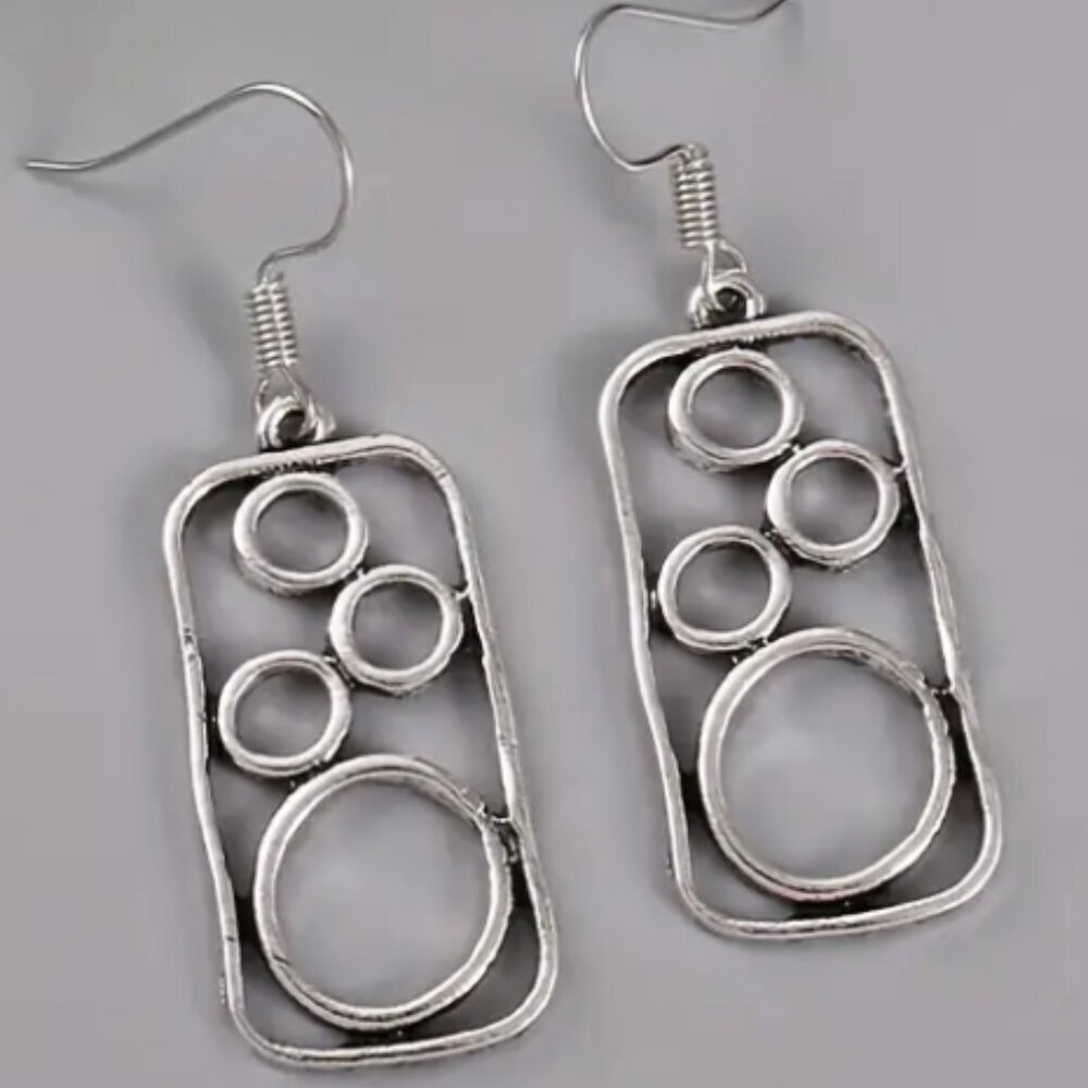 Rectangle, Bohemian Style Hollow Circle Dangle Earrings - Silver Electro-Plated